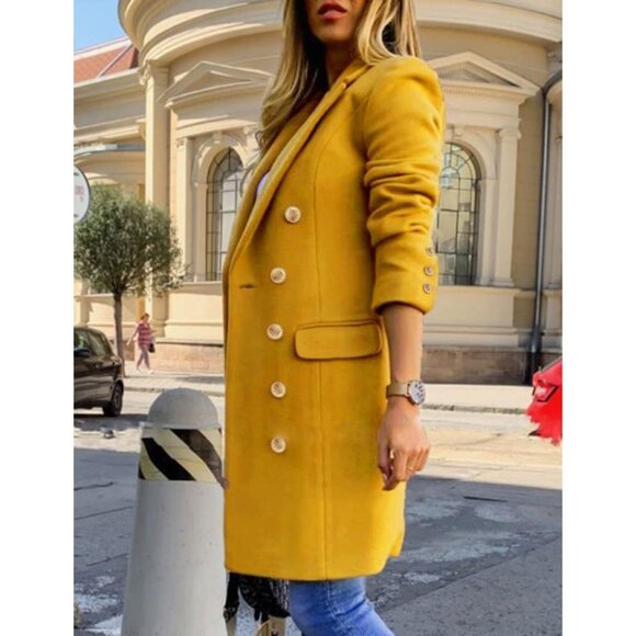 💫 Women Yellow Midi Trench Coats Fall Winter Wool Double Breasted Peacoat - Picture 3 of 7